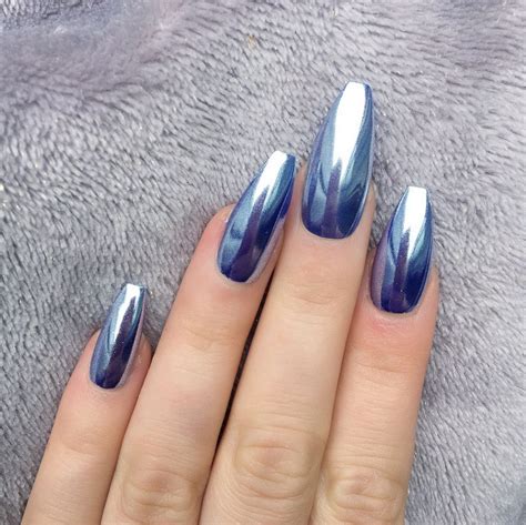 Doobys Nails - Mirror Chrome Blue Silver Long Coffin - 10 Glue on False Nails | Mirror nails ...