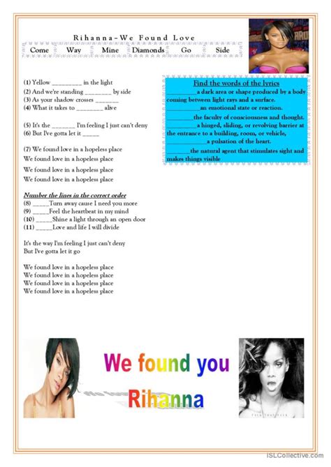 Rihanna - We Found Love Lyrics gener…: English ESL worksheets pdf & doc