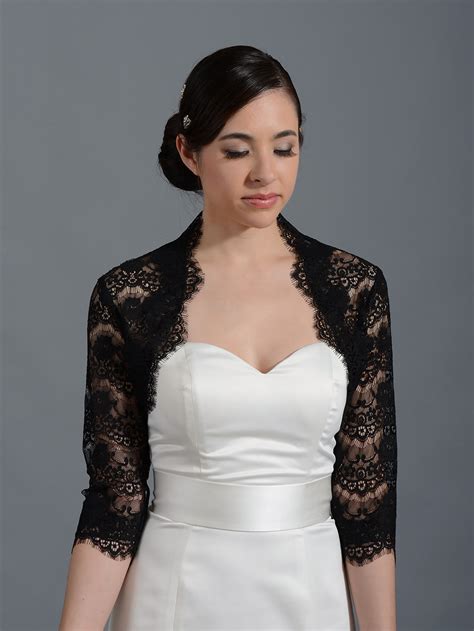 Black 3/4 sleeve bridal lace wedding bolero jacket 051n