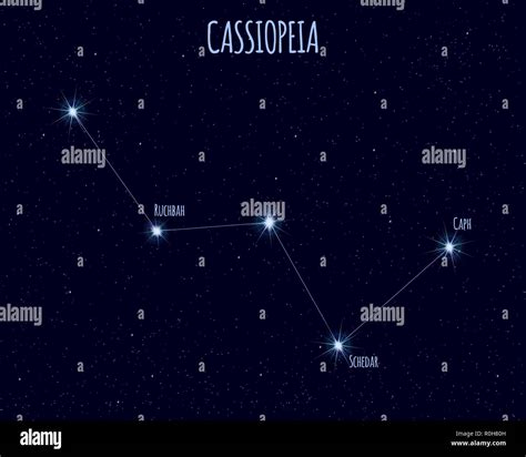 Cassiopeia constellation, vector illustration with the names of basic ...