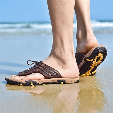 Men Comfy Arch Support Outdoor Non Slip Beach Leather Flip Flops ...