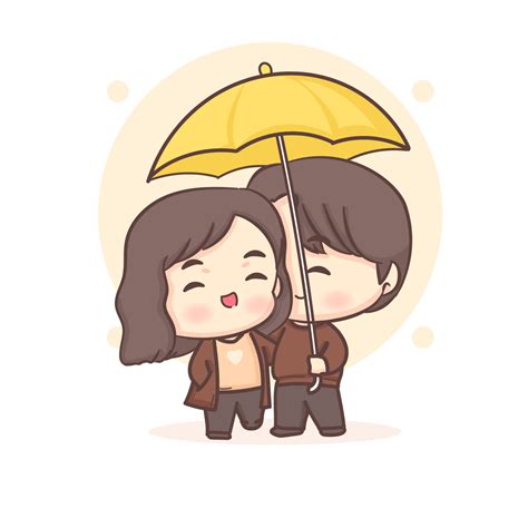 Cute lovers couple under umbrella. Happy valentine chibi cartoon character. 9390033 Vector Art ...