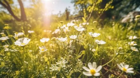 Premium AI Image | Blooming Flowers in the Meadow at Sunset