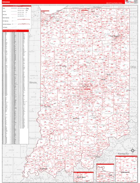 Indiana Zip Code Wall Map Red Line Style by MarketMAPS - MapSales