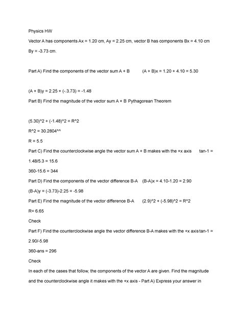 Physics HW - homework/assignment - Physics HW Vector A has components Ax = 1 cm, Ay = 2 cm ...