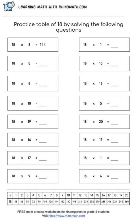 Table of 18 Worksheet - Page 3 - RhinoMath.com - Learning Math