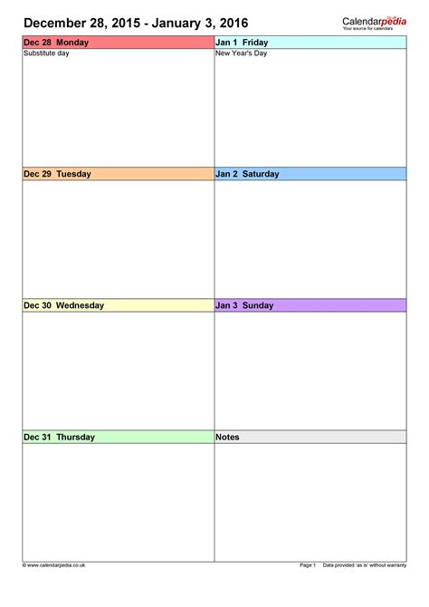 Weekly Calendar Template Printable