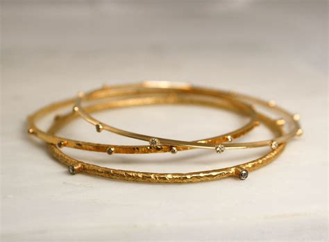 SET - 3 Solid Gold Diamond Bangle Bracelets in 18K Solid Gold Wedding ...