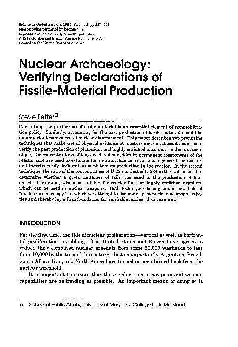 (PDF) Nuclear archaeology: Verifying declarations of fissile‐material production | Steve Fetter ...