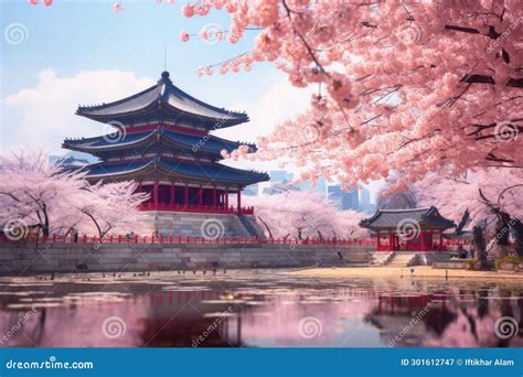 Beautiful Pagoda and Cherry Blossom in Gyeongbokgung Palace, Seoul, South Korea, Gyeongbokgung ...