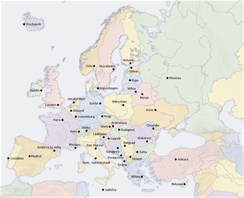 Politische Übersichtskarte der Europäischen Hauptstädte (Deutsch, ohne Kosovo) | Weltatlas