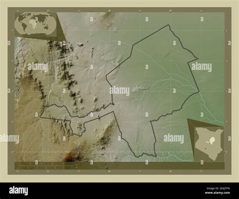 Isiolo, county of Kenya. Elevation map colored in wiki style with lakes ...