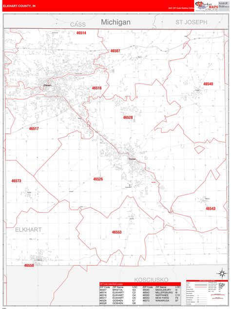 Elkhart County, IN Zip Code Wall Map Red Line Style by MarketMAPS - MapSales