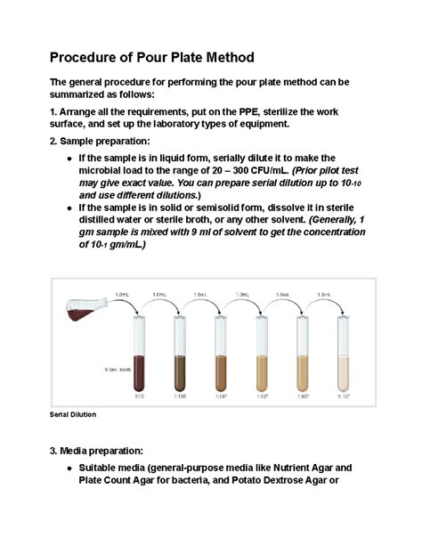 Procedure of Pour Plate Method - Sample preparation: If the sample is in liquid form, serially ...