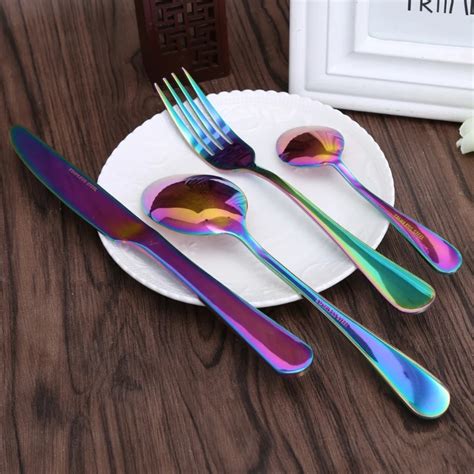 OOTDTY Stainless Steel Colorful Dinnerware Set Rainbow Colorful Cutlery ...