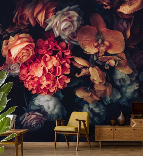 Beautiful Flowers Wallpaper, Peel and Stick, Vintage Floral Wallpaper Mural, Dark Floral Wall ...