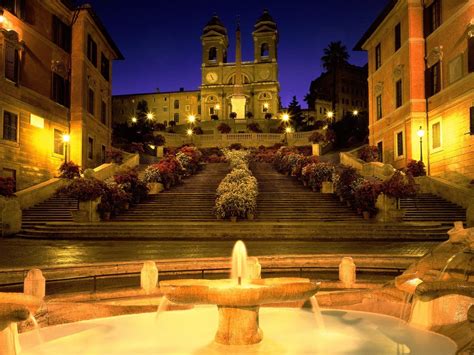 Italy, Rome, Church, Stairs, Fountain, Evening, Lights, Street light ...