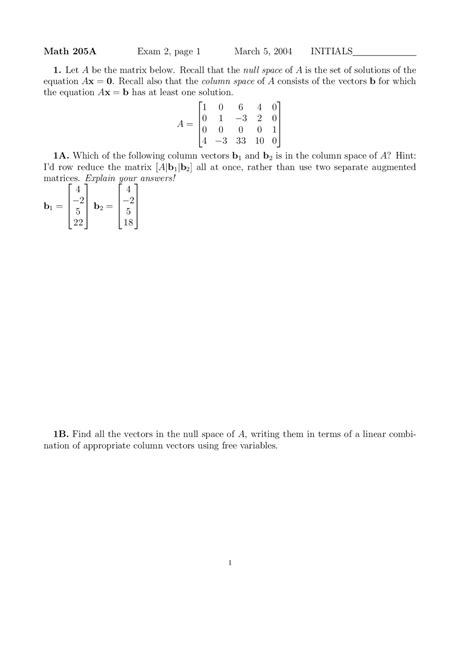 Column Space - Linear Algebra - Exam - Docsity