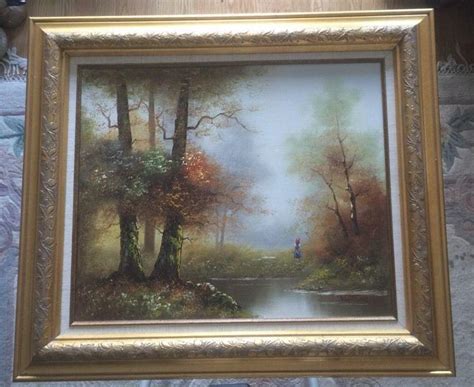 Original Von Trier Oil Painting Framed Fall Colors River Forest Female Figure | #1912638949