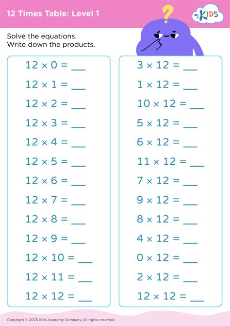 Free 12 Times Table: Level 1 worksheet for Kids