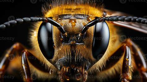 Close-Up of a Bee's Eyes - Striking Black Eye and Vibrant Orange Body on a Captivating Black ...