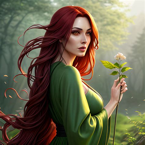 a woman in a green leafy robe blowing in the wind with a flowers ...