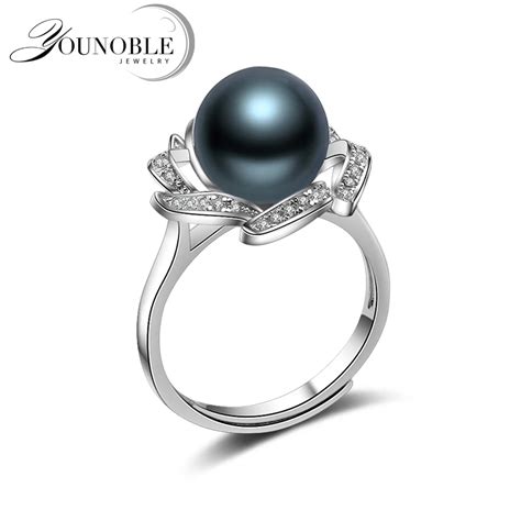 Black Pearl Rings,Wedding Real Round Tahitian Natural Pearl Ring 925 ...