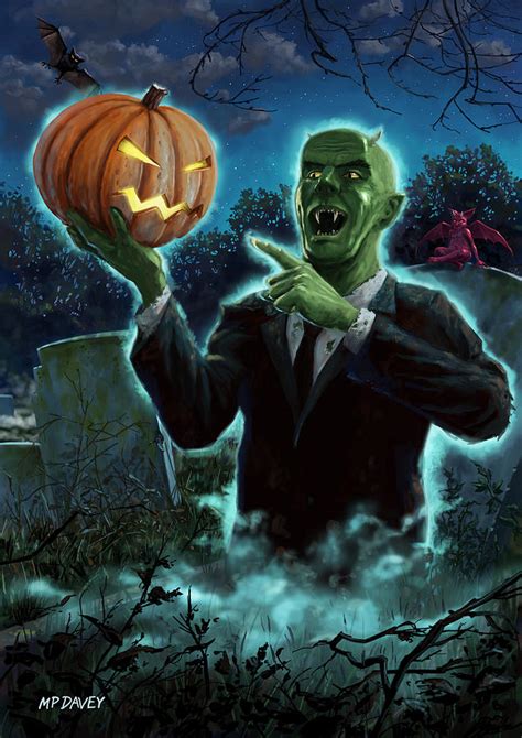 Halloween Ghoul rising from Grave with pumpkin Painting by Martin Davey