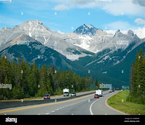 Vehicles on the Trans Canada Highway 1 in Banff National Park Alberta ...