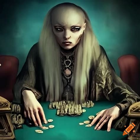 Surrealist depiction of a gothic casino with card tables and weird players on Craiyon