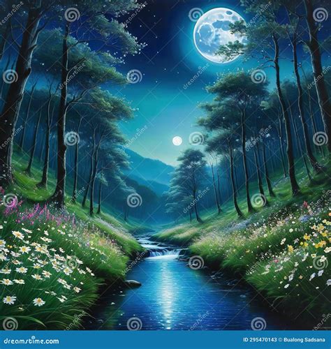 Painting of Forest with Full Moon in the Sky and Stream Running through Stock Illustration ...