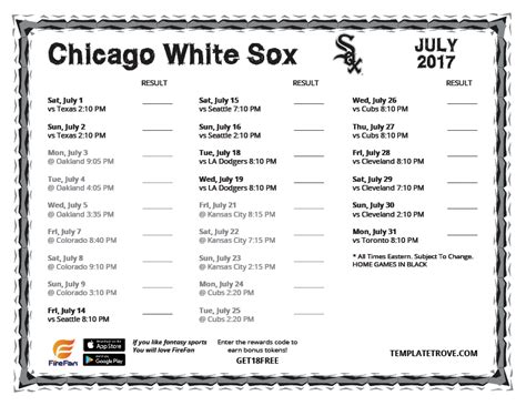 Printable 2017 Chicago White Sox Schedule