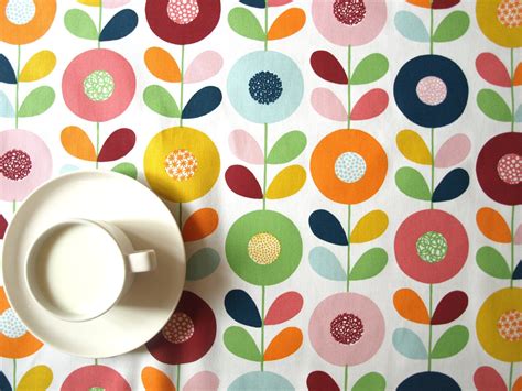 Tablecloth white bright colorful abstract flowers also table