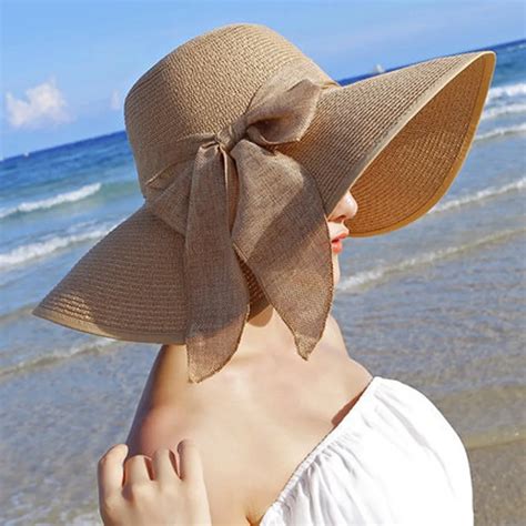 Summer Large Brim Straw Hat Floppy Wide Brim Sun Cap Bowknot Beach Foldable New-in Women's Sun ...