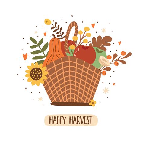 Harvest basket with apples, pumpkin mushroom sunflower autumn leaves. Fall harvest basket ...