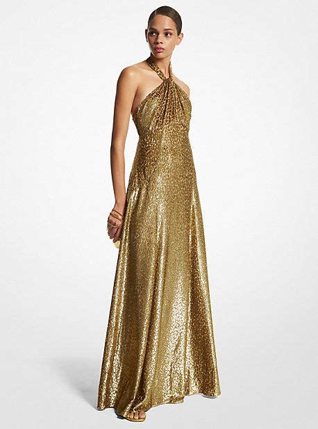 MK Leopard Metallic Fil Coupé Halter Gown - Gold - Michael Kors ...