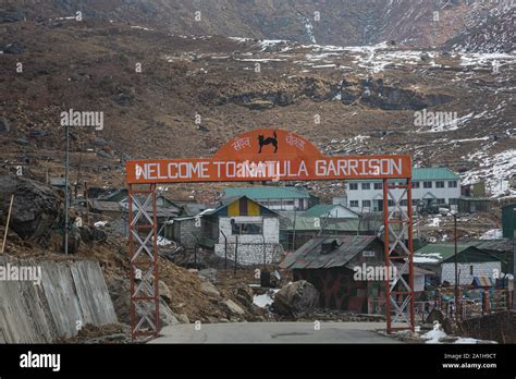 Signboard indicating the Nathu La garrison on the route to Nathu La pass on the border of India ...