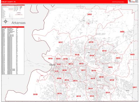 Shelby County, TN Zip Code Wall Map Red Line Style by MarketMAPS - MapSales