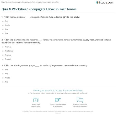 Quiz & Worksheet - Conjugate Llevar in Past Tenses | Study.com