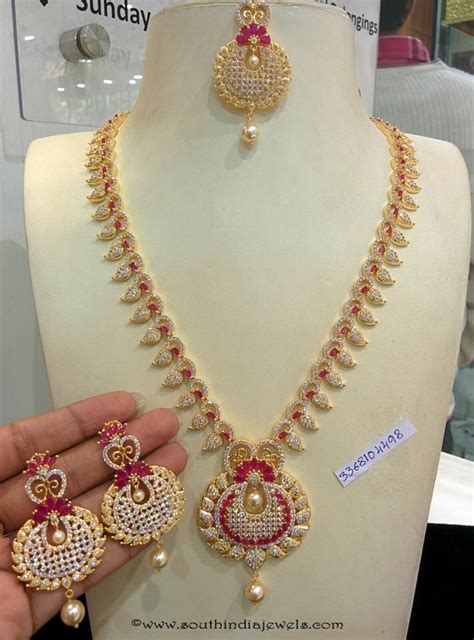 Imitation CZ Stone Ruby Necklace Set - South India Jewels