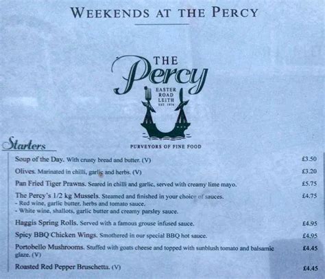 Menu at The Percy restaurant, Edinburgh