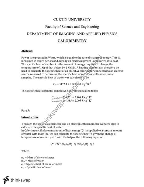 Calorimetry Lab Report | PHYS1006 - Foundations of Physics | Thinkswap