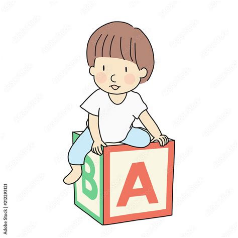 Vector illustration of one little kid sitting on abc alphabet block. Early childhood development ...