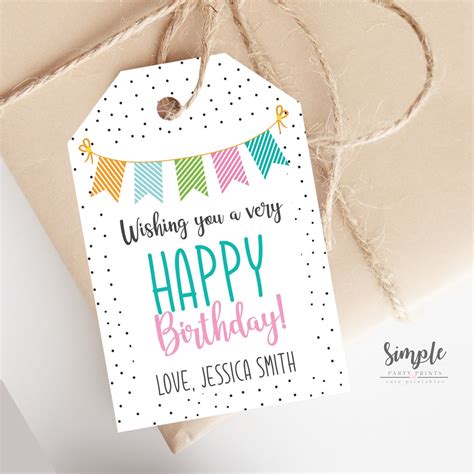 Printable Happy Birthday Tag, Editable Cute Colorful Gift Label, Custom ...