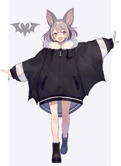 an anime character wearing a black coat with white fur on her head and hands out in the air