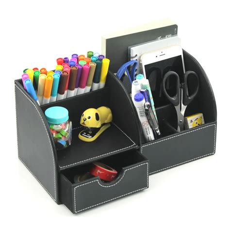 6 Blocks Holder PU Leather Office Desk Organizer Stationery Storage Box ...