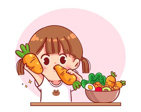 Premium Vector | Cute girl eat salad vegetable fruits cartoon art illustration