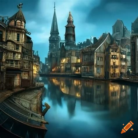 Steampunk fantasy city with canals and domed buildings on Craiyon