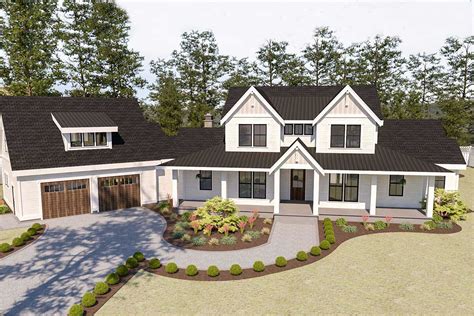 Plan 280023JWD: Beautiful 5-Bed Modern Farmhouse Plan with Angled 2-Car Garage | Modern ...