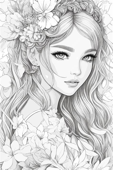 Premium Vector | A black and white drawing of a girl with flowers in her hair.